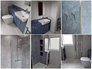 Blue onyx wall boards with lots of storage built in