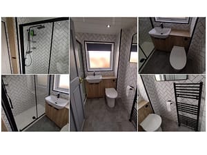 Brick effect wall boards with oak effect vanity units